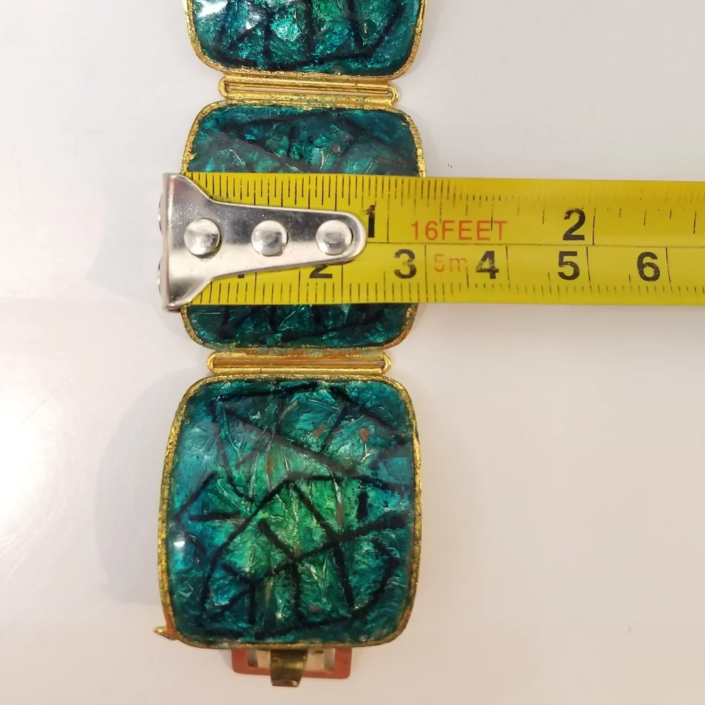 Vintage Aqua Blue and Green Enamel Square Bracelet & Earring Set Boho Chic